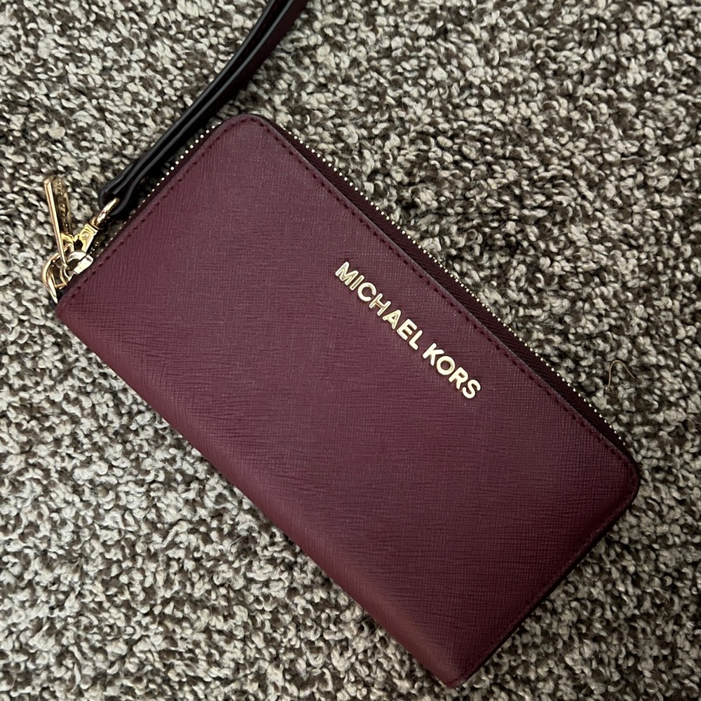 Michael Kors Maroon Wristlet with Gold Accents